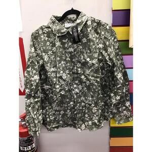Joan rivers cotton chambray floral classic button front shirt olive medium